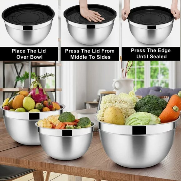 Stainless Steel Metal Nesting Bowls, Mixing Bowls with Lid Set of 6 - Picture 2 of 2